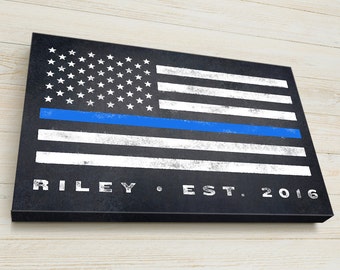 Police Officer Gift, Personalized, Thin Blue Line, Flag, READY TO HANG Canvas Gallery Wrap