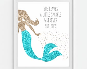 Mermaid Art Print 'She Leaves A Little Sparkle Wherever She Goes' Faux Gold Glitter, Nursery Quote, Nursery Wall Art, Nursery Decor
