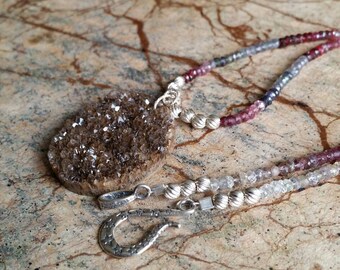 OOAK Petrified Wood Druzy and Spinel Sterling Silver Necklace