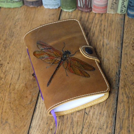 Items similar to Tan Leather Dragonfly Notebook, Leather Sketchbook