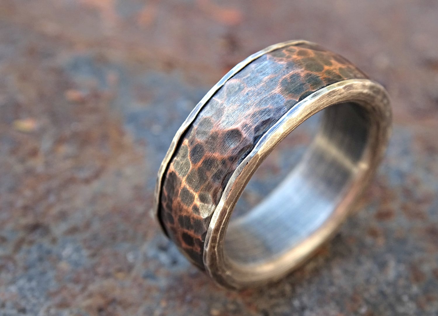 silver copper ring mens wedding band hammered copper