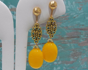 Long Orange Clip On Earrings with Floral Detail, Dangle Clip Earrings, Clipon, Fused Glass Jewelry - Tangerine Orange- -6