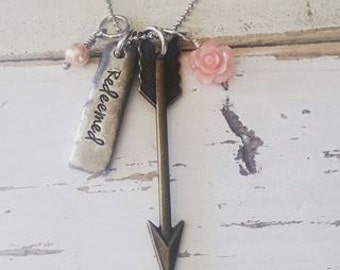 Hand Stamped Jewelry-Personalized necklace-Hand Stamped Pewter Necklace-Redeemed Large Arrow-Trendy-Graduation-Sweet 16-Religious-Christian
