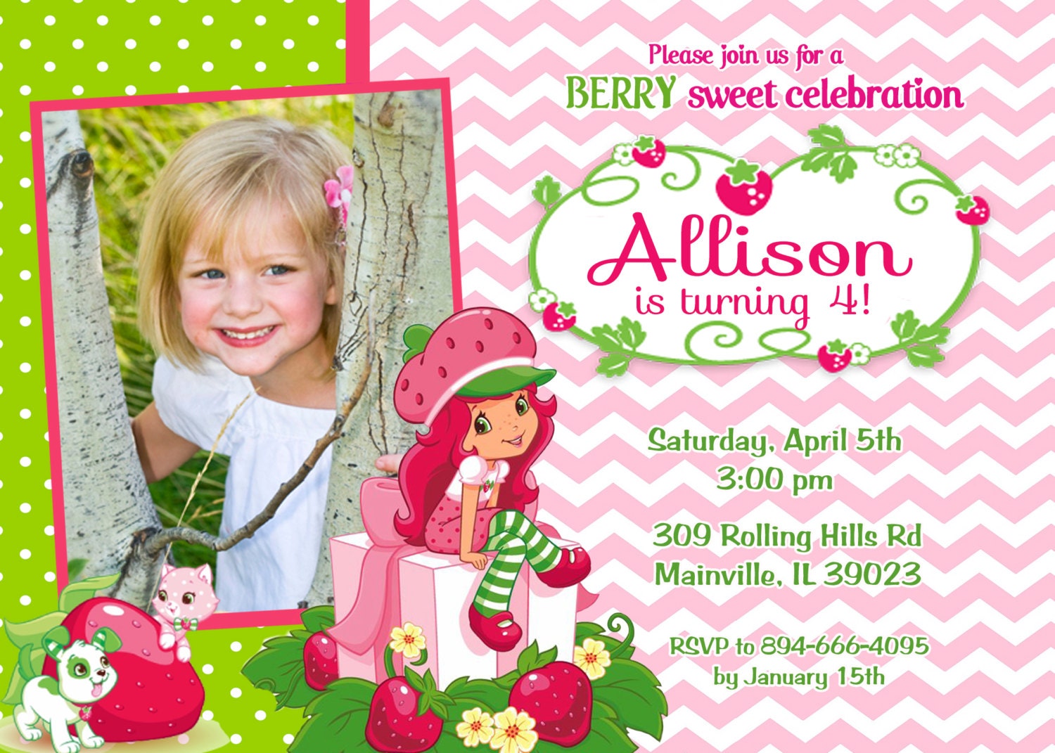 Strawberry Shortcake Birthday Party Invitation Digital or