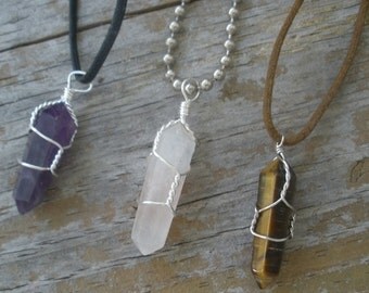 Crystal Necklace/ Crystal Quartz/ Wrapped Crystals/ Amethyst Crystal/ Rose Quartz Crystal/ Healing Crystals/ Tigers Eye/ Green Aventurine