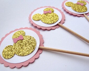24 Minnie Mouse Cupcake Toppers, Pink Gold Glitter, Girl Birthday, Baby Shower, Food Picks, Newborn Toppers, Ships in 3-5 Business Days