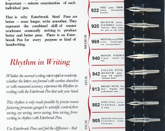 Replica of 1920s Esterbrook Radio Pen Card Sheet with 12 Vintage Pens