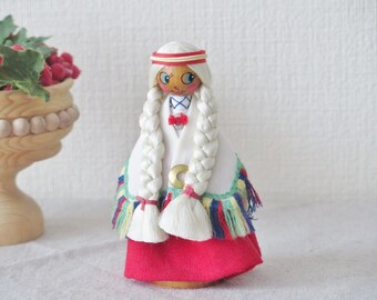 Vintage Folk Art Doll Collectible Souvenir USSR Soviet Era Latvian National Costume, Wood Textile Doll @127