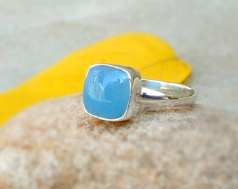 925 Solid Silver Aqua Blue Chalcedony Ring Blue Gemstone Cushion Ring Chalcedony Jewelry Sterling silver Ring Cabochon Blue Ring Sz 5 6 7 8