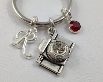 Camera Keychain, Photographer Gift, Photographer Keychain, Personalized Keychain, Custom Keychain, Birthstone Keychain, Initial Charm,