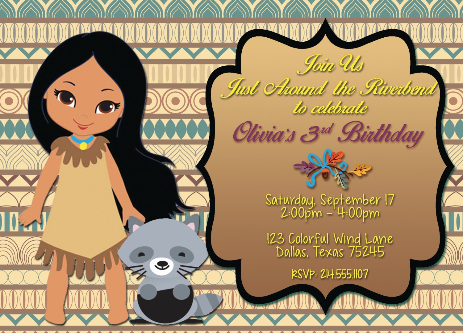 Pocahontas Princess Invitation Birthday Invitation Birthday