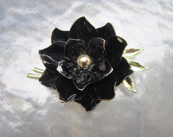 Vintage signed Coro black enamel flower brooch - estate jewelry