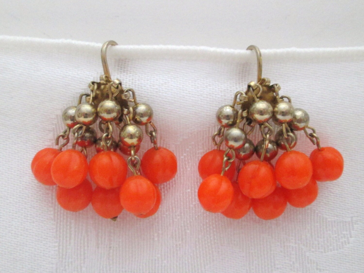 Vintage Orange Gold Beaded Dangle Earrings Clip On by MrsDinkerson