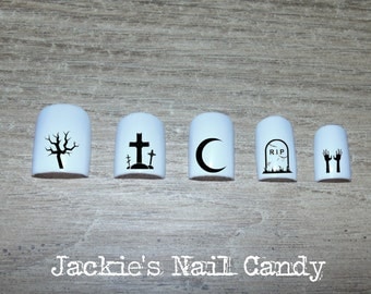 Halloween Nail Decals Set #6 - Bare Tree Branches, Cross, Grave, Tombstone, Crescent Moon, Skeleton Hands, RIP, Cemetey, Graveyard Nail Art