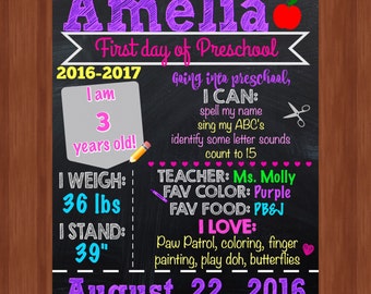 First Day of Preschool Sign - Girl First Day of Preschool - Preschool - First Day of School - DIGITAL FILE - First Day of School Sign