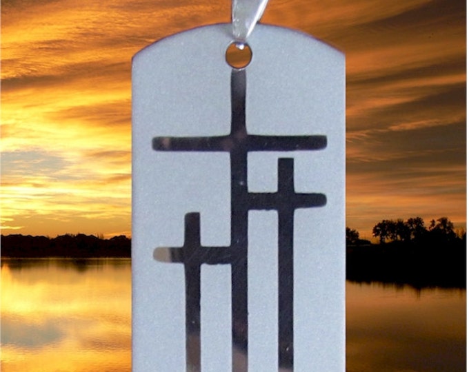 Silver Calvary Three 3 Cross DogTag Necklace Pendant Stainless Steel Christian Jewelry - Saint Michaels Jewelry - Calvary Three Cross