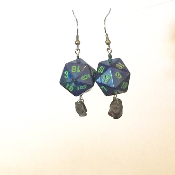 Dark Blue w/green d20 Dice Handmade Earrings by ZombieKittenDesign