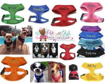 Personalized Soft Mesh Dog Harness Custom Embroidered with Name. Choose color, size, letter style and thread color