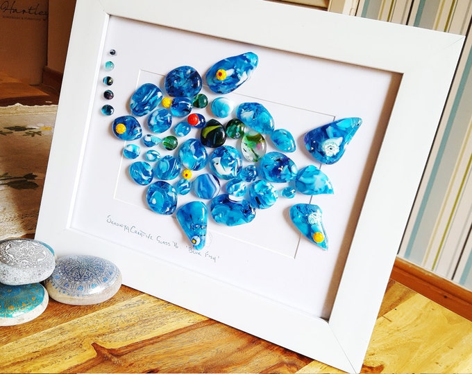 Fused glass wall art. Blue fish glass pebble panel. Bathroom home decor. Handcrafted decorative design Wedding birthday Giftware