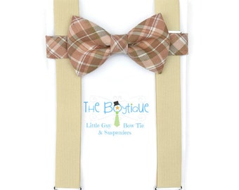 Rose Gold Bow Tie, Plaid, Champagne Suspenders, Toddler Suspenders, Adult, Mens, Boys, Kids, Ring Bearer Gift, Wedding Party Favor