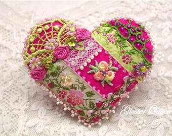 Victorian inspired crazy quilt pin trimmed  with rich colors, roses and beautiful vintage trims