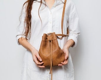 Brown leather bucket bag,Small soft Brown shoulder bag,Brown Leather bag for women
