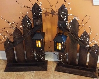 Primitive Decor, Rustic Home Decor,lantern candle holder decor, Sold Individually or set, picket fence candle holder lantern, country decor