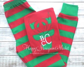 Boy Girl Monogrammed Reindeer Applique Christmas Pajamas Family Christmas morning Holiday PJ's Santa pictures Christmas card Stripe Polkadot