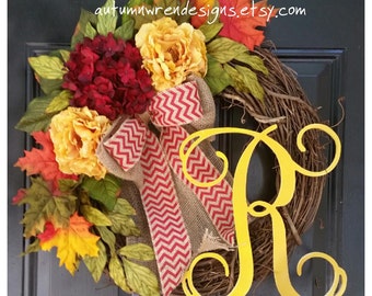FALL Wreath for Front Door, Hydrangea Wreath, Monogram Wreath for Door, FALL Leaves, Autumn Door Decor