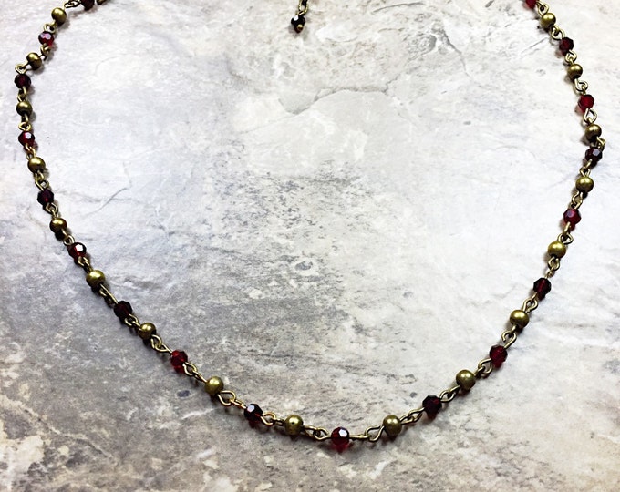 Siam necklace, Brass necklace, cooper necklace, dark red necklace, antique brass jewelry, beaded necklace Swarovski necklace