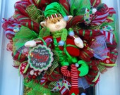 Elf Mesh Wreath, Christmas Deco Mesh Wreath, Christmas mesh wreath,elf Wreath,holiday wreath, christmas wreath, front door wreath,