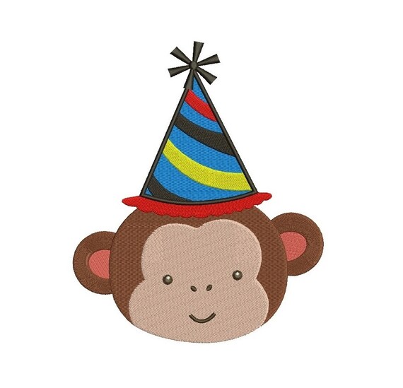  Birthday Monkey wearing Party Hat Filled Machine Embroidery