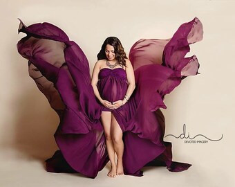 Plum Split Chiffon Lace Maternity Gown, Maternity Dress/Chiffon Gown/Maternity Photo Props/Bridal Gown/Chiffon Maternity