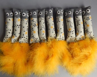 Handmade Little Buddy Kicker Cat Toy with Catnip / Lemon Yellow with Dark Gray Denim and Yellow Feather