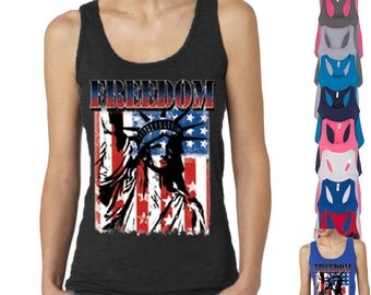 Freedom The Statue of Liberty Lady TANK TOP Patriotic Tattered Vintage USA Flag Women tee shirt American Flag Womens Tee Racerback Tank Top