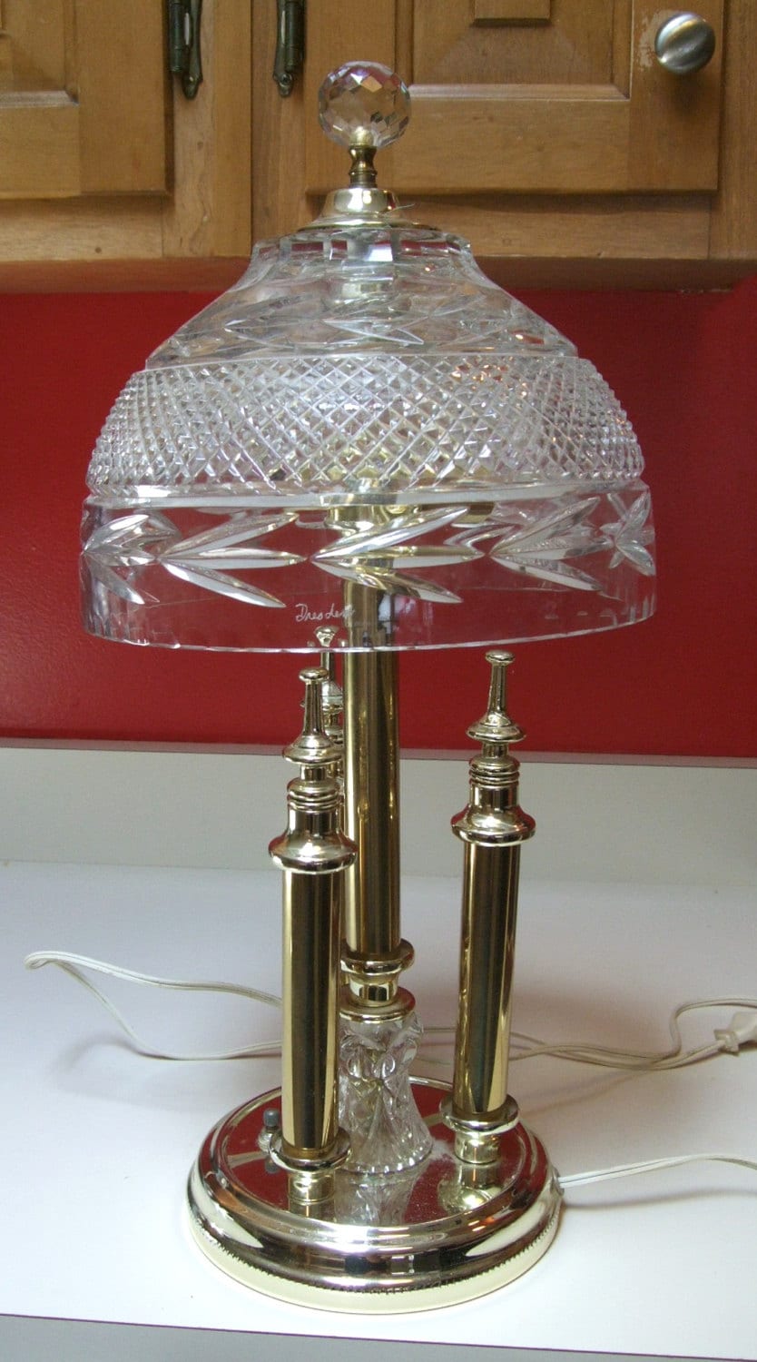 Vintage Leaded Crystal Lamp Signed Dresdan Brass and Steel