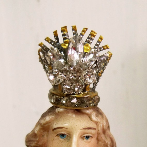 Virgin Mary crown aged silver rhinestones cherub jewelry