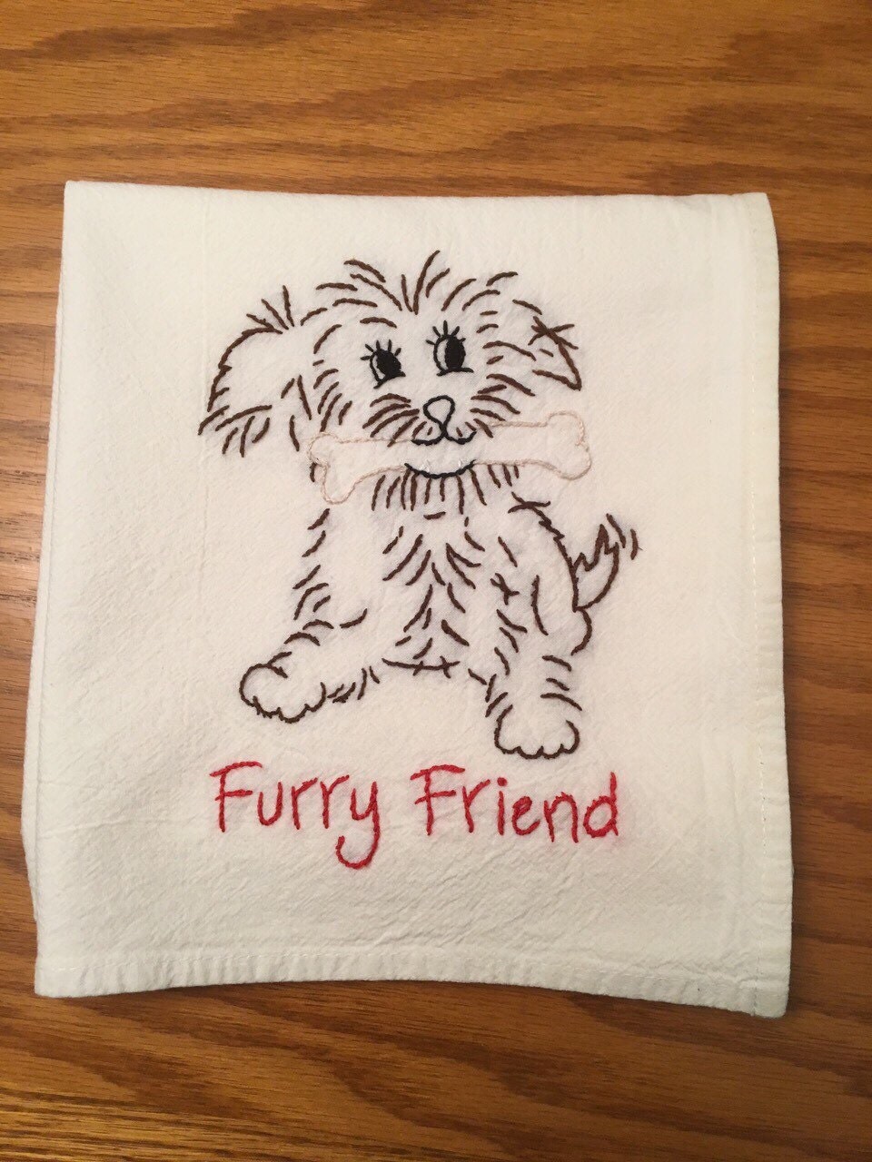 Hand embroidered dogthemed dish towel by PolkaDotBone on Etsy