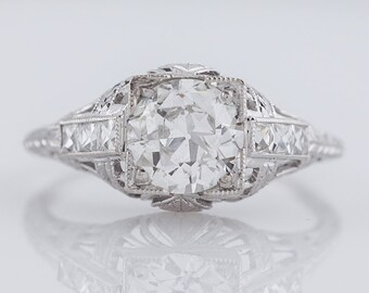Antique Engagement Ring Art Deco GIA .94ct Old European Cut Diamond in Platinum