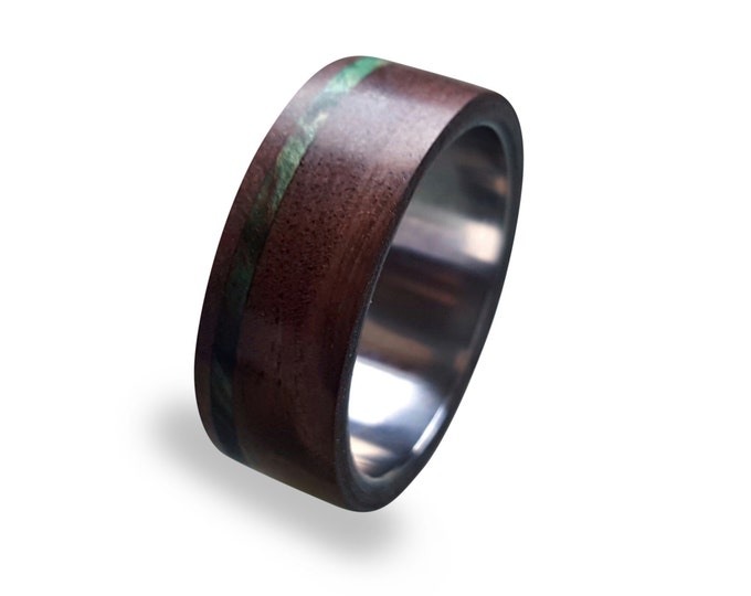 Titanium ring for men with Dark Oak wood, inlaid with Green Box Elder Burl Wood