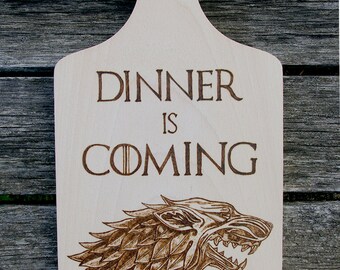 Game of Thrones inspired Dinner is Coming Stark chopping board woodburnt by hand