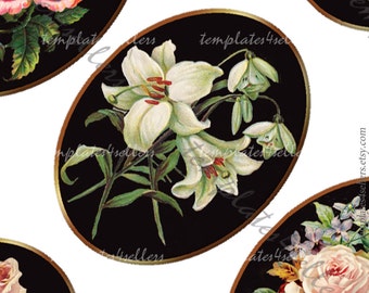 Digital Collage Sheet Vintage Flowers Rose on Black Background 30x40 mm oval images for scrapbooking pendants Original 4x6 inch sheet 276