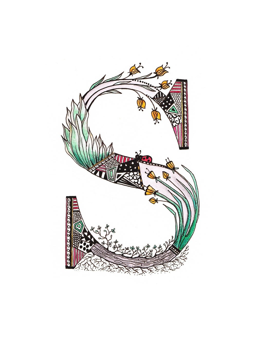 Letter S Nursery Letter Decorated Initial Fancy Calligraphy