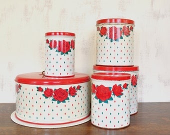 Vintage Metal Cake Carrier and Canister Set, Diamond and Rose Pattern