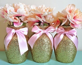3 Gold & Pink Vases, Gold and pink Baby shower, Baby shower centerpieces, birthday, girls birthday, first birthday, centerpieces, wedding