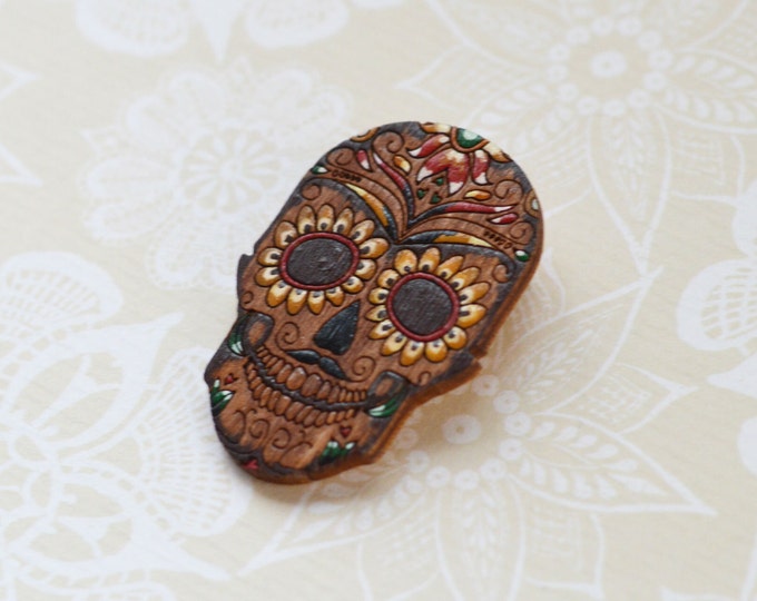 The painted Skull // Wooden brooch is covered with ECO paint // Laser Cut // Best Trends // Fresh Gifts //