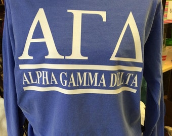 Custom Alpha Gamma Delta Collegiate Style Comfort Colors Tanks, Short Sleeves, Long Sleeves, and Sweatshirts