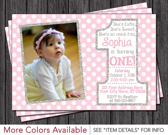 Pink and Silver First Birthday Invitation 1st by PuggyPrints