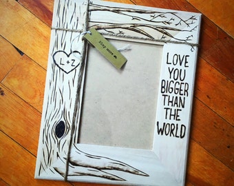 Tree picture frame, wood burning art, heart, initials engraved, anniversary gift, wedding gift 5 x 7, love you bigger than world