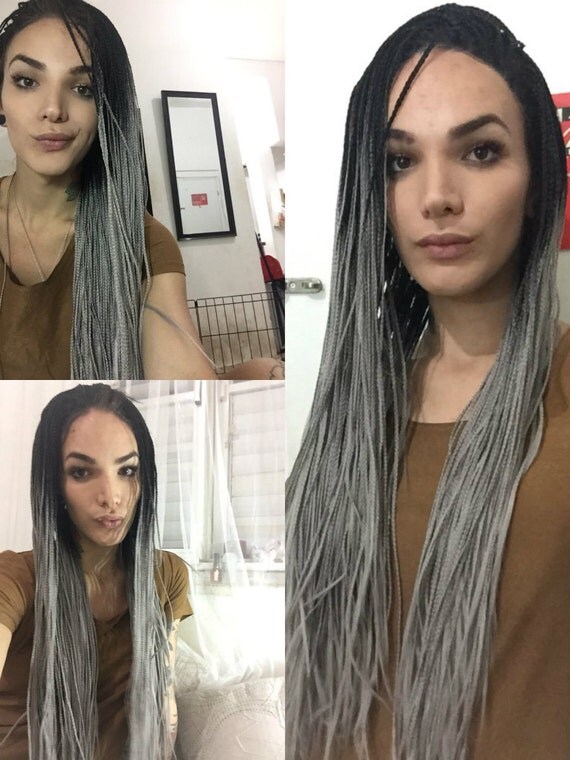 Trenzado caja trenza encaje frente peluca negro y gris Ombre Dip Dye Balayage , caliente exclusivo